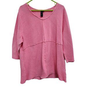 Focus Womens Lagenlook Tunic‎ Top Large Pink Ribbed 3/4 Sleeve Coastal Casual
